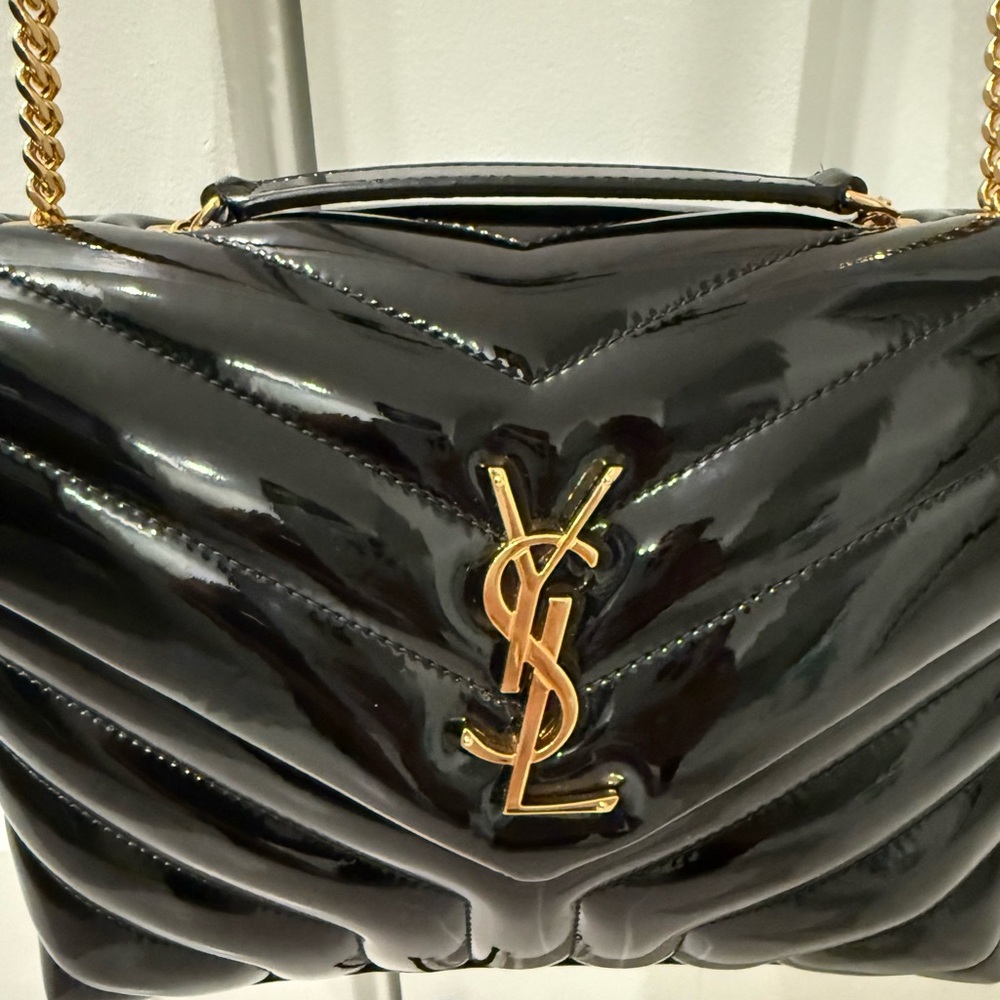 Saint Laurent (YSL) Black and Gold Patent Shoulder Bag -Worn 1X - Picture 3 of 16